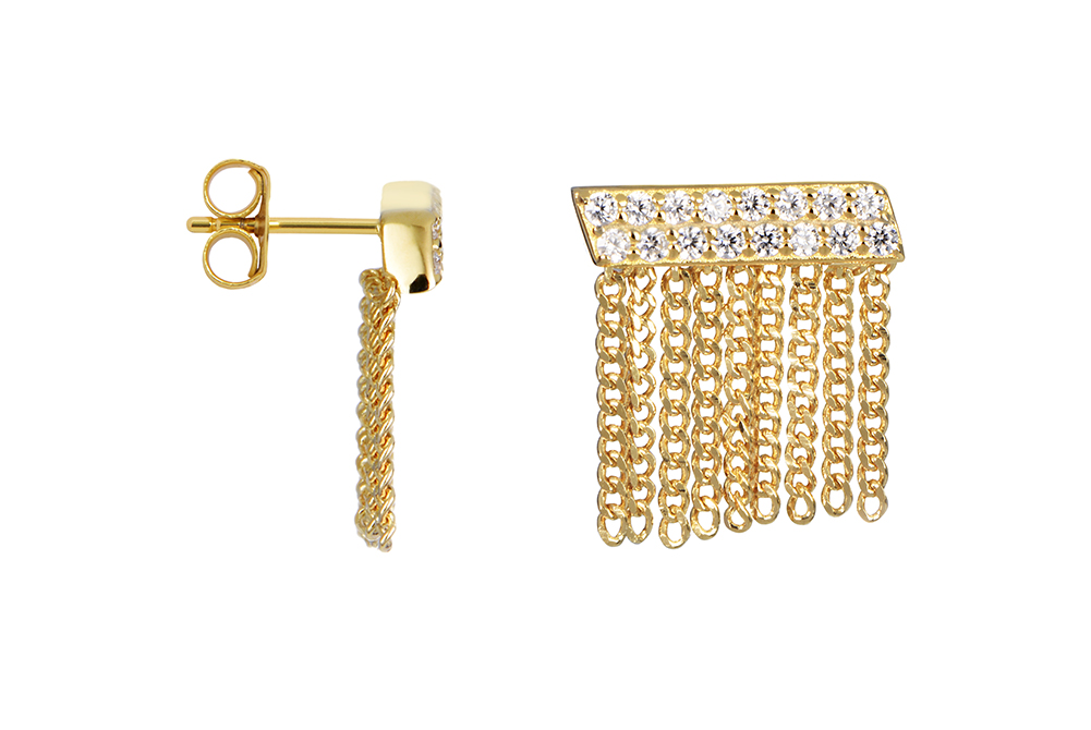 Pendiente plata 925 barra de zirconita con cortina de cadenas