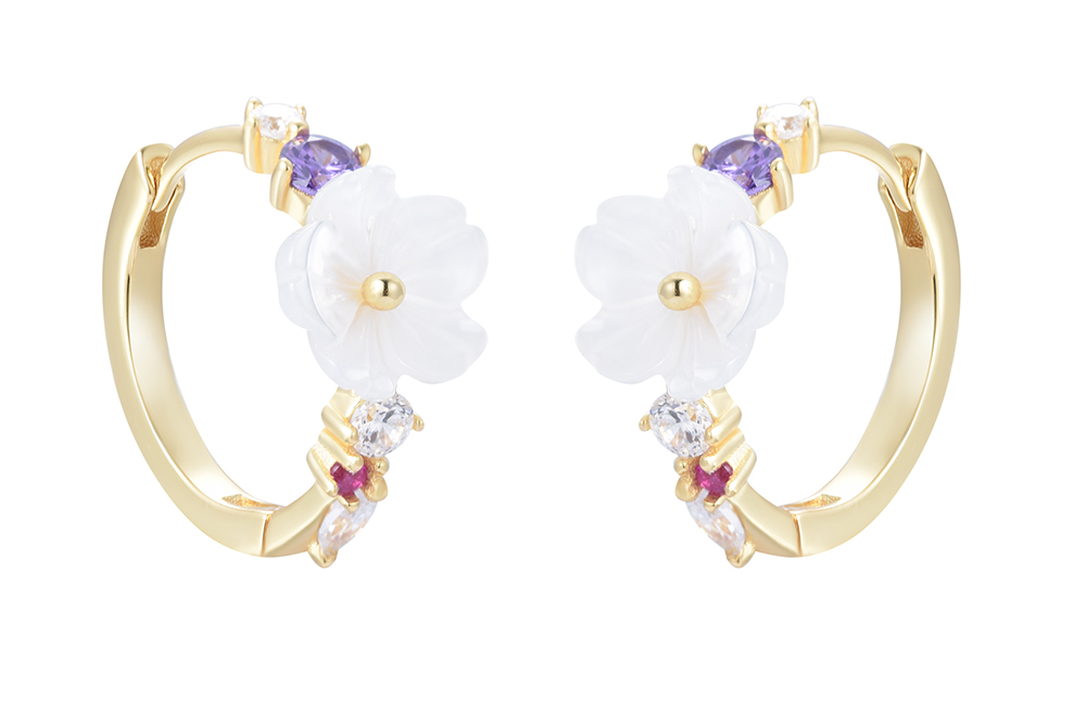 Sterling silver mix zirconia & mop flower hoop earring