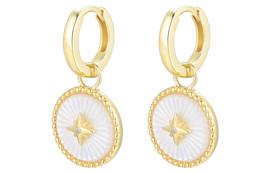 Sterling silver compass rose mop with zirconia hoop earring