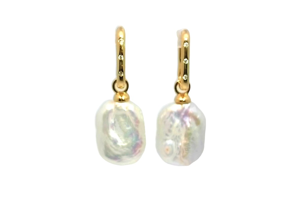 Sterling silver 13-14mm baroque freshwater cultured pearl hoop earrings with zirconia