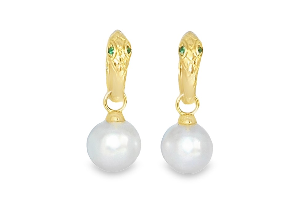 Sterling silver 11-12.5mm freshwater cultured pearl with snake hoop earrings zirconia