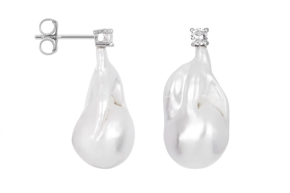 Pendiente plata 925 perla cultivada barroca 10.5-12mm de forma irregular con zirconita