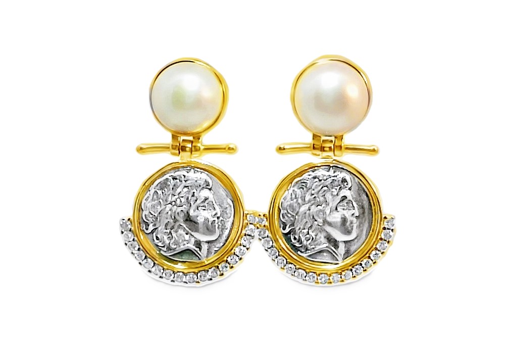 Sterling silver roman ancient coin earrings with pearl & zirconia