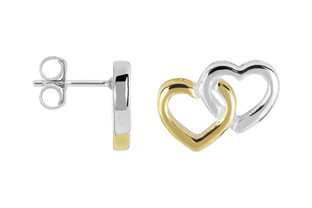 Pendiente plata 925 dos corazones bicolor