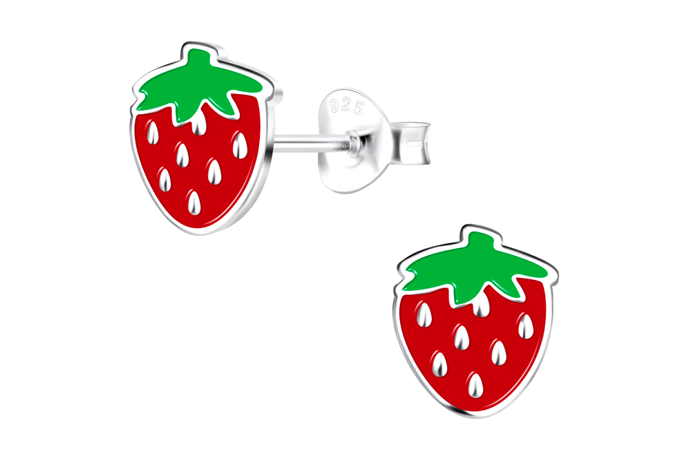 [17407EEREPL] Sterling silver enamel strawberry kids earring