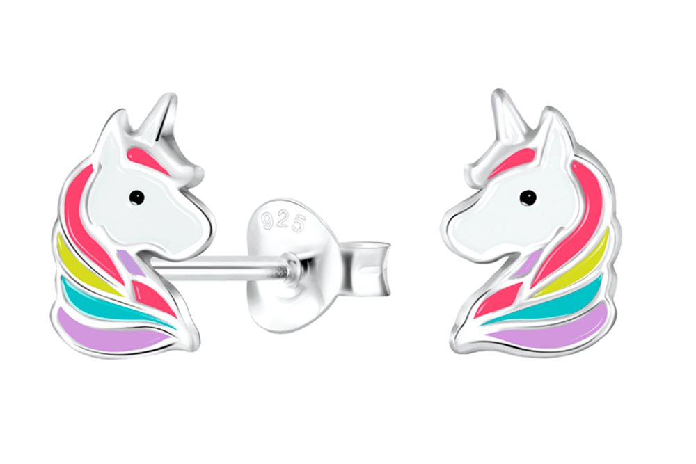 [17410EEMXPL] Sterling silver enamel head unicorn kids earring