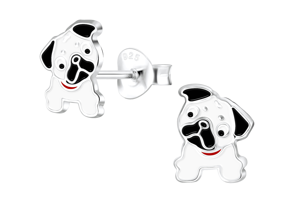 [17445EEBLPL] Sterling silver enamel 8x6mm pug dog kids earring