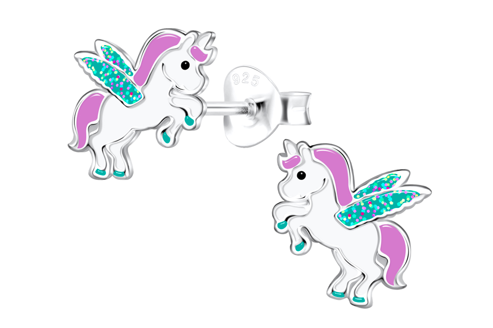Pendiente plata 925 infantil unicornio con alas 8x10mm de esmalte