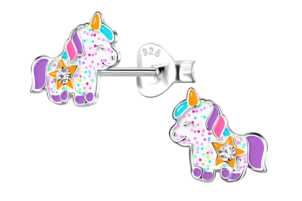 Pendiente plata 925 infantil unicornio 7x8mm de esmalte