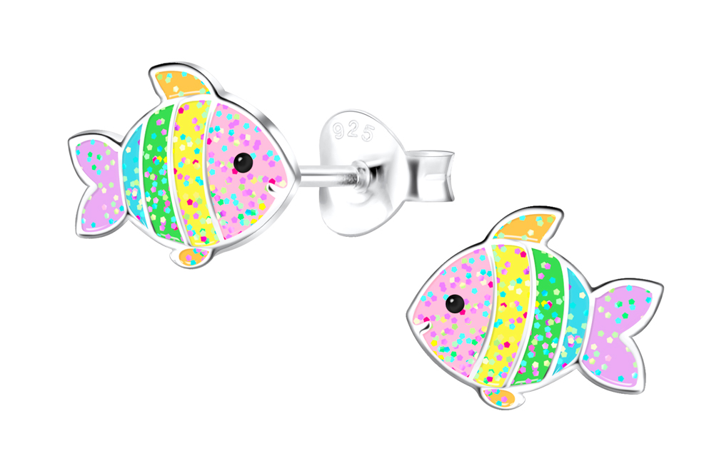 Sterling silver enamel 7x9mm fish kids earring