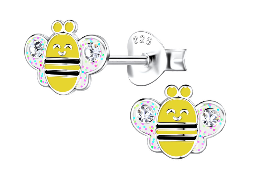 [17471EELYPL] Sterling silver enamel & crystal 6x8mm bee kids earring
