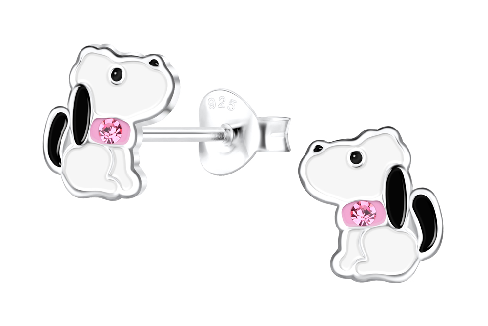 Sterling silver enamel & crystal 8x7mm little dog kids earring