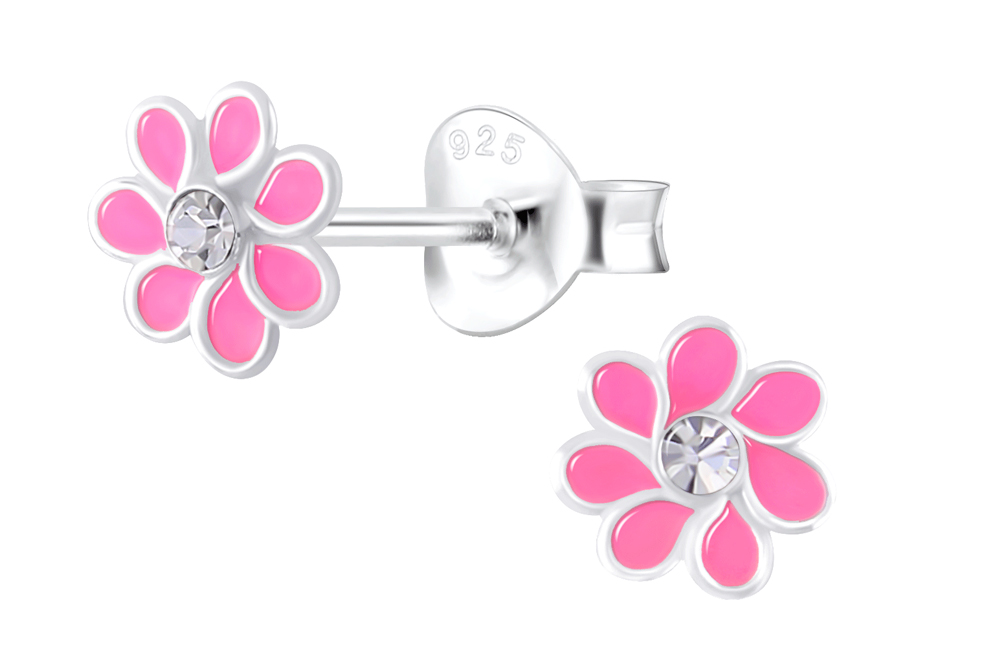 Pendiente plata 925 infantil flor 6x6mm con cristal y esmalte