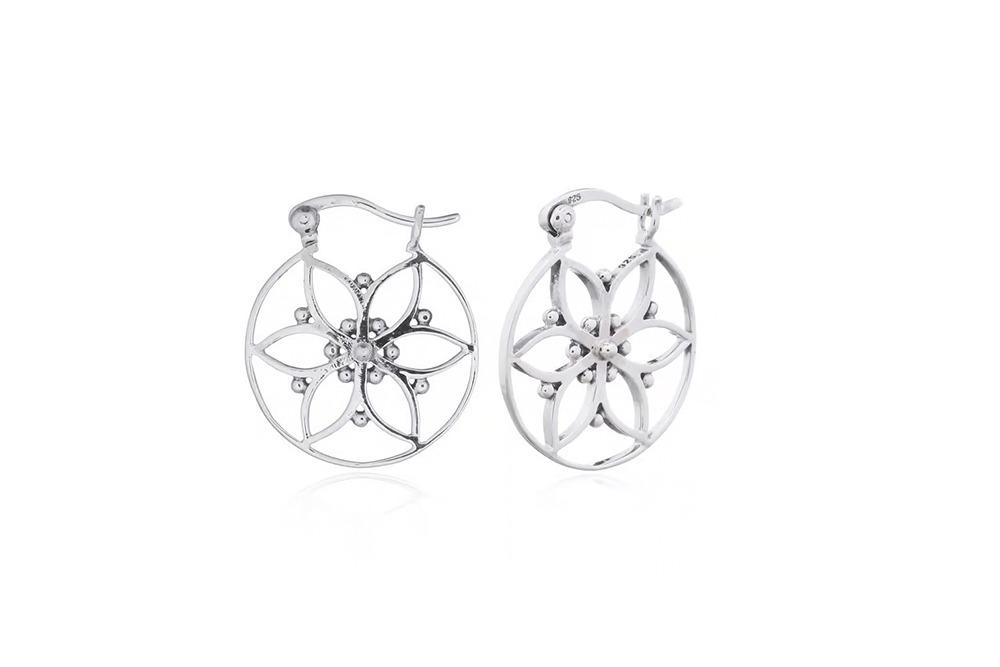 Sterling silver flower of life hoop earring