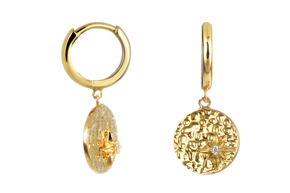 Pendiente plata 925 aro con placa texturada rosa de los vientos con zirconita