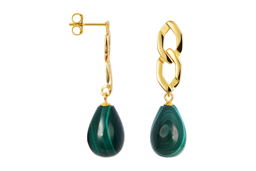 [17997ERMQDO] Sterling silver two links with 18x10mm drop-shaped malachite stone earring