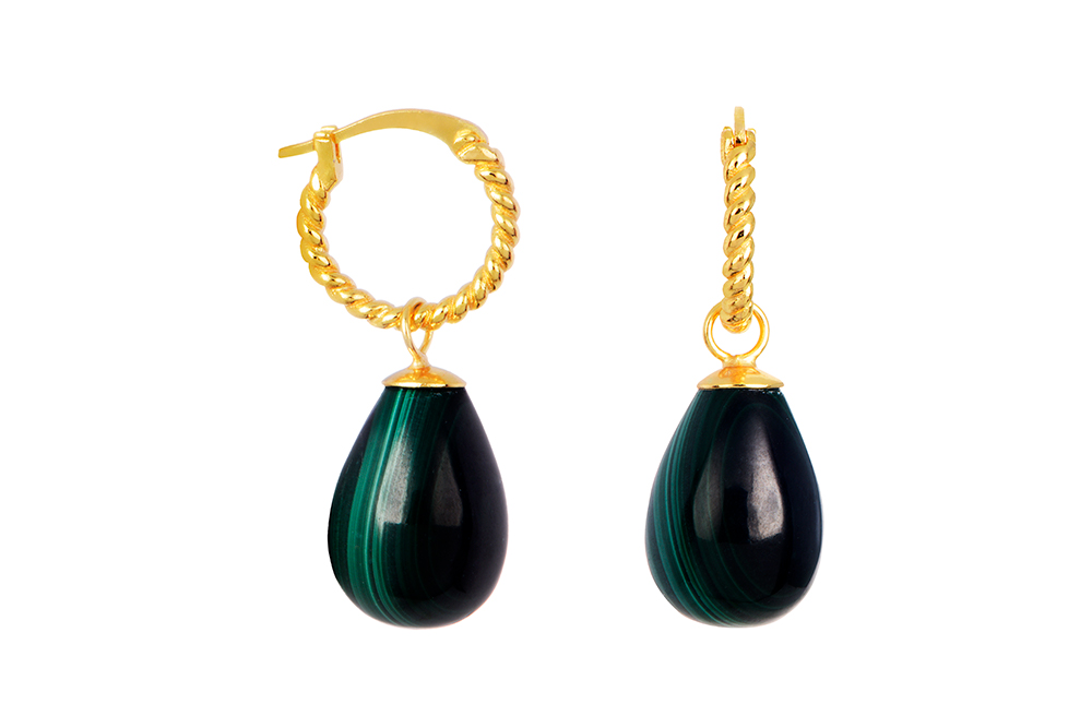 Sterling silver hoop with 19x10mm drop-shaped malachite stone earring