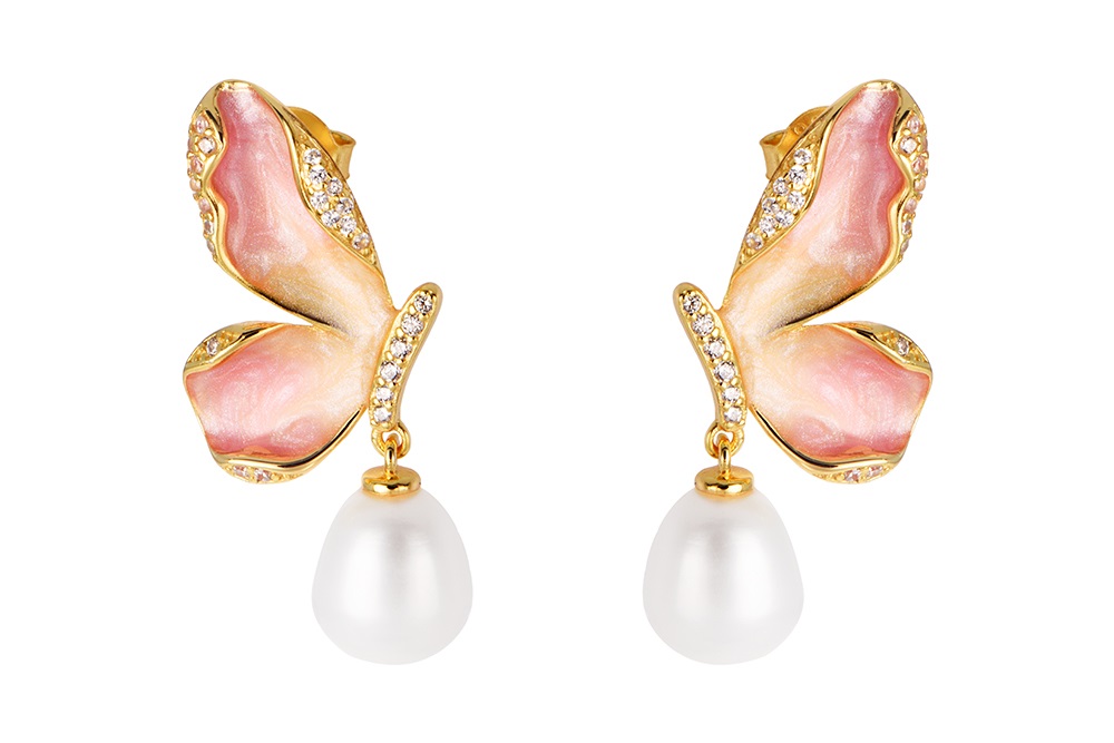 Sterling silver enamelled butterfly with zirconia and 10x8mm pearl earring