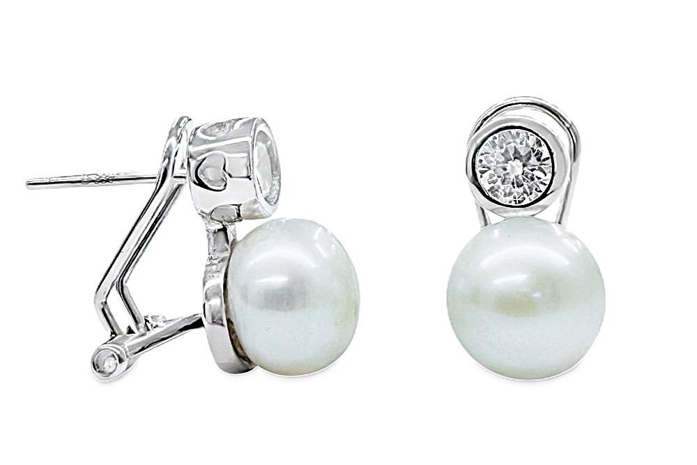 [18040EZPBLRD] Pendiente plata 925 tu y yo perla cultivada 9-9.5mm con zirconita 6mm