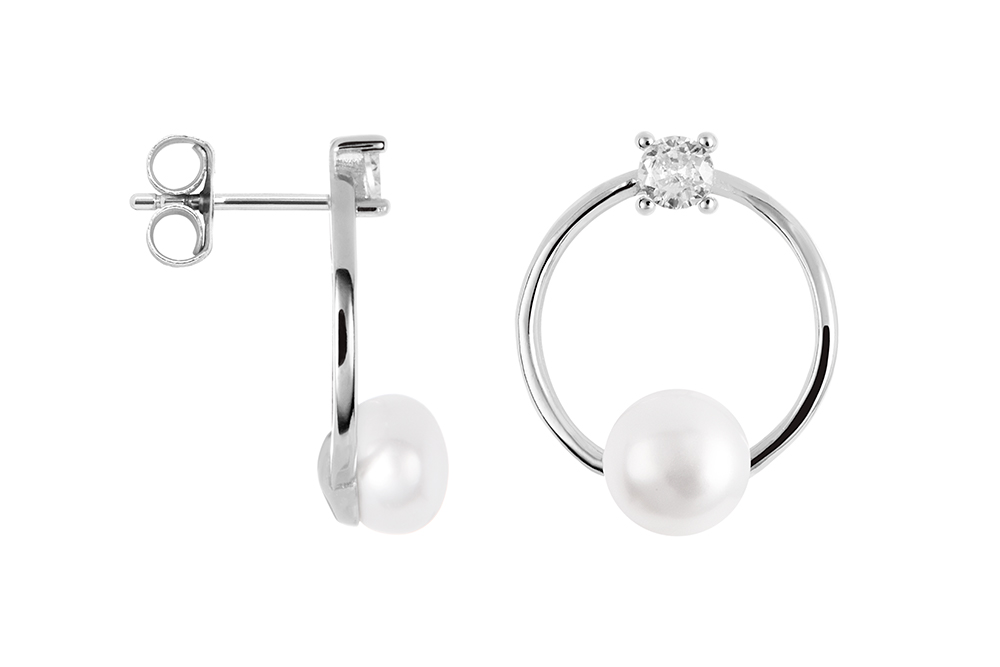 Pendiente plata 925 aro plano con zirconita 4mm y perla 6mm