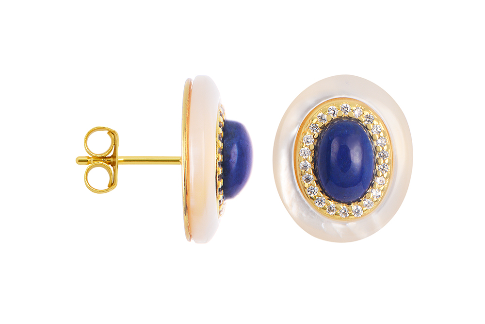 Sterling silver oval mother-of-pearl with white zirconia and lapis lazuli earring