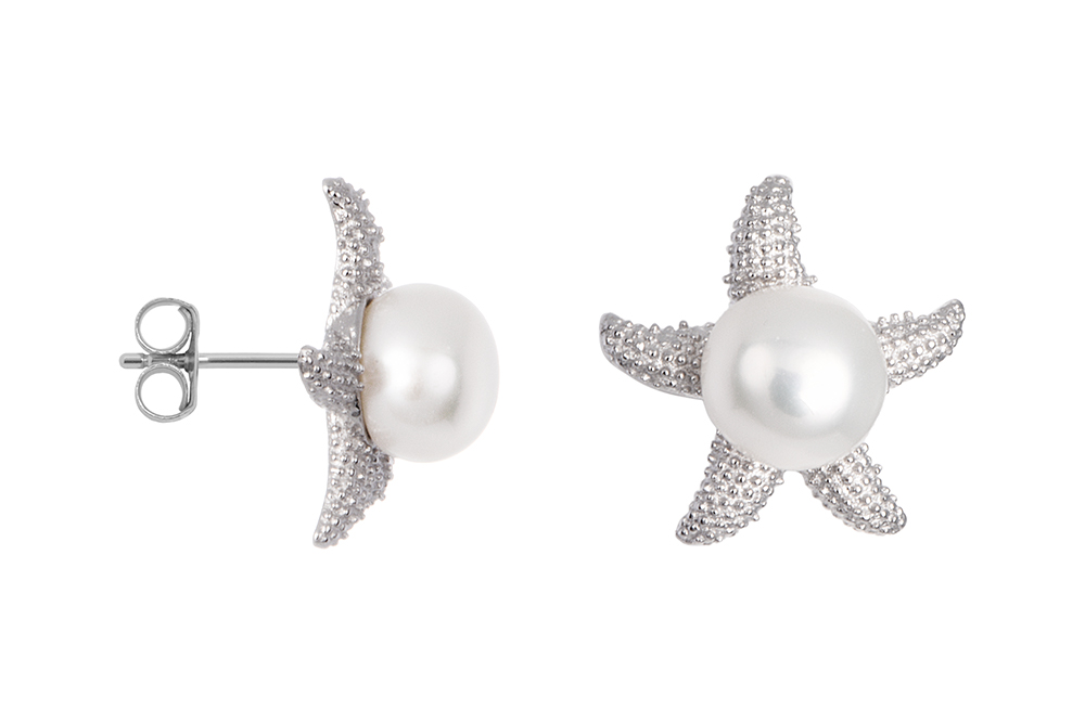 Pendiente plata 925 estrella de mar 12x12mm con perla 6mm