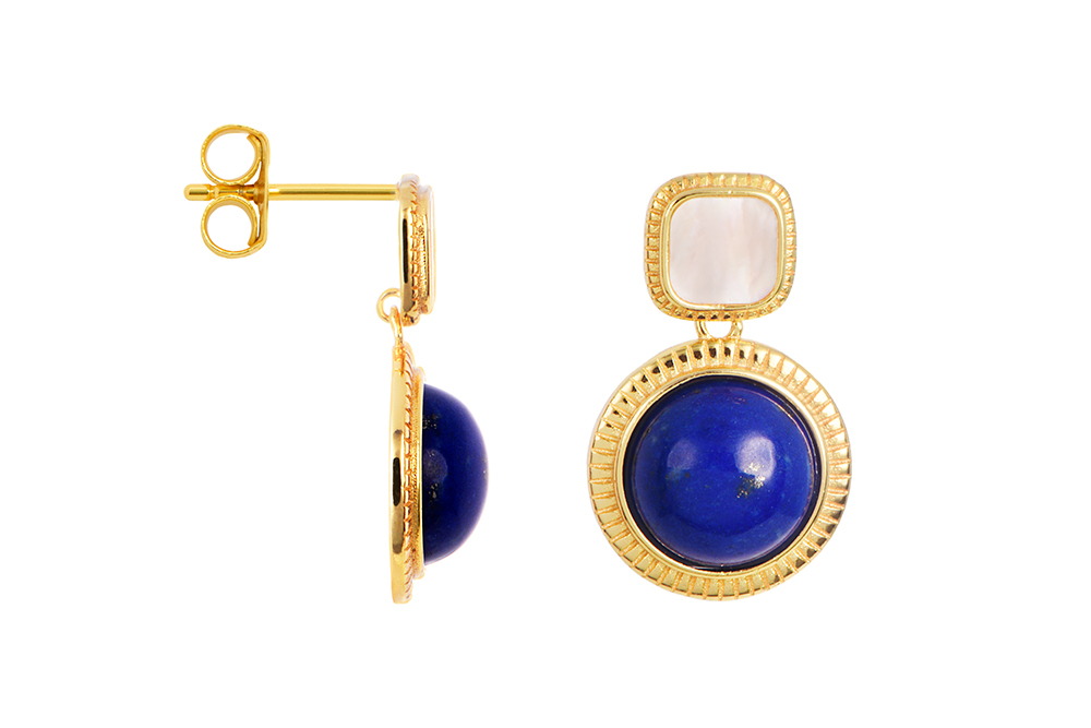 Sterling silver square mother-of-pearl and lapis lazuli semicircle earring