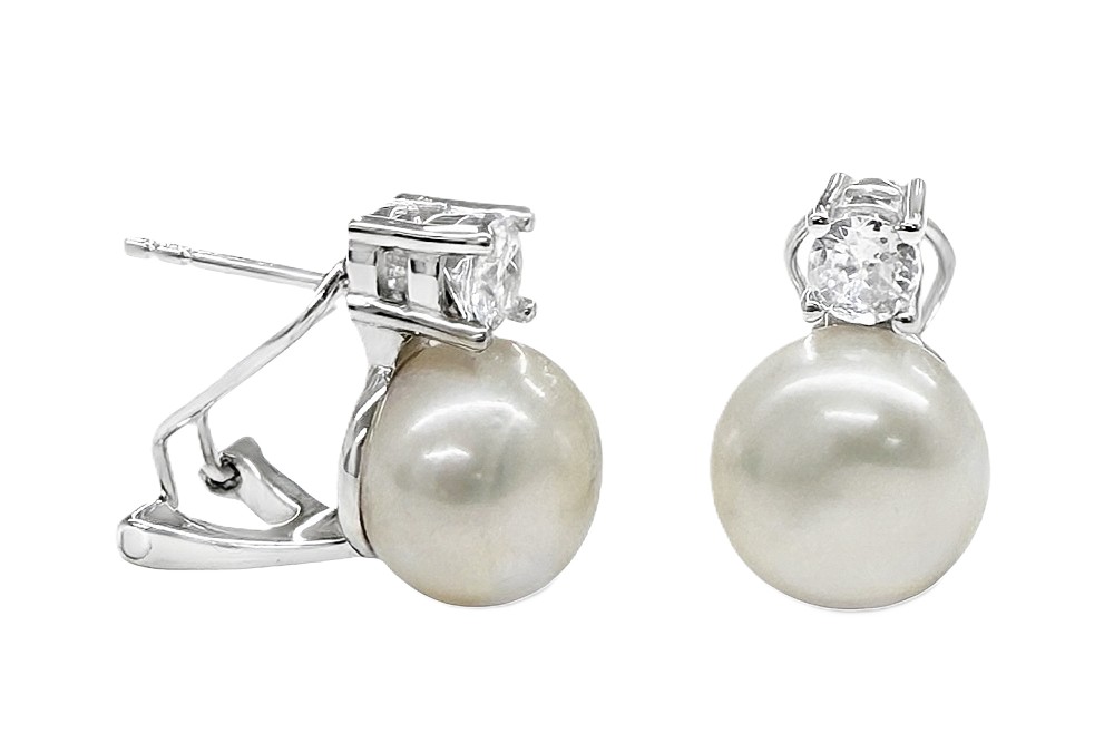 Pendiente plata 925 tu y yo perla cultivada 9.5-10mm con zirconita 4mm