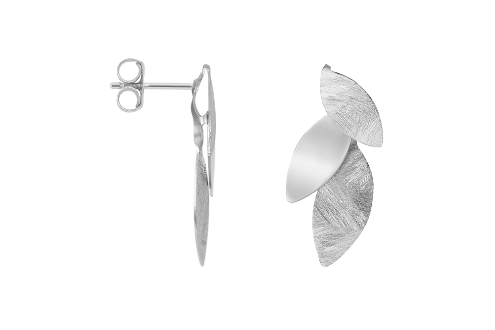 Sterling silver three-leaf design with polished and brushed striped finish earring