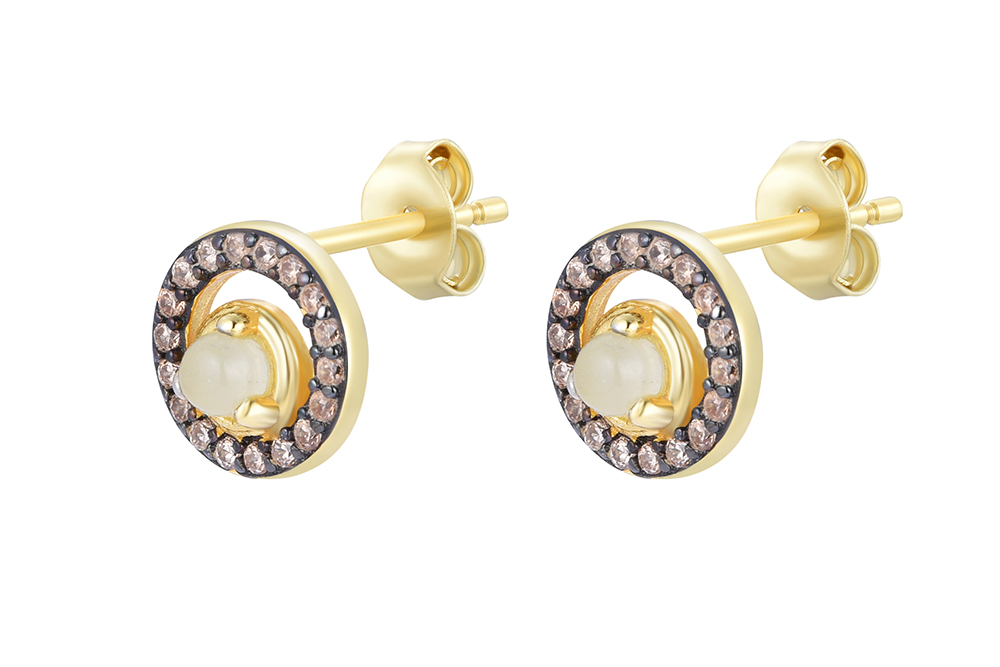 [18303EZCHDO] Sterling silver zirconia round with reconstituted stone earrings