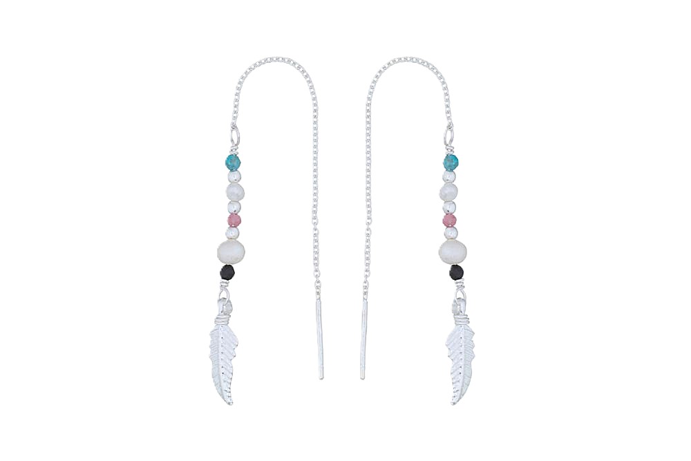 Pendiente plata 925 pluma con mix piedras y perlas