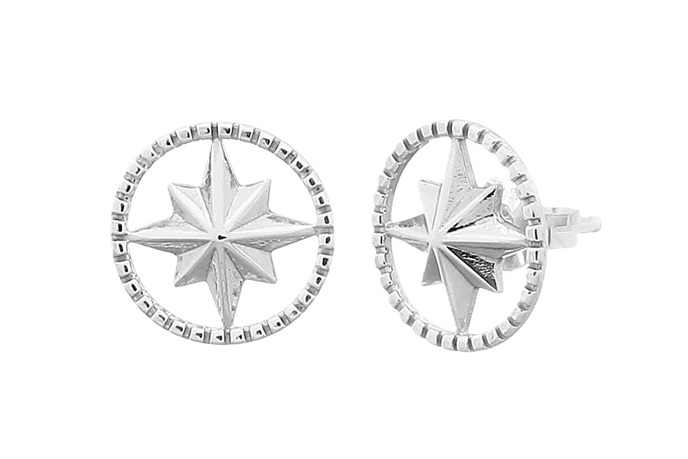 Sterling silver oxidized compass rose inside circle earring