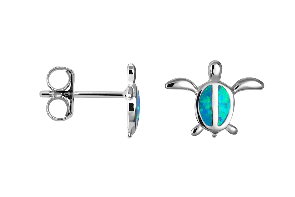 Sterling silver sea turtle with blue opal earring