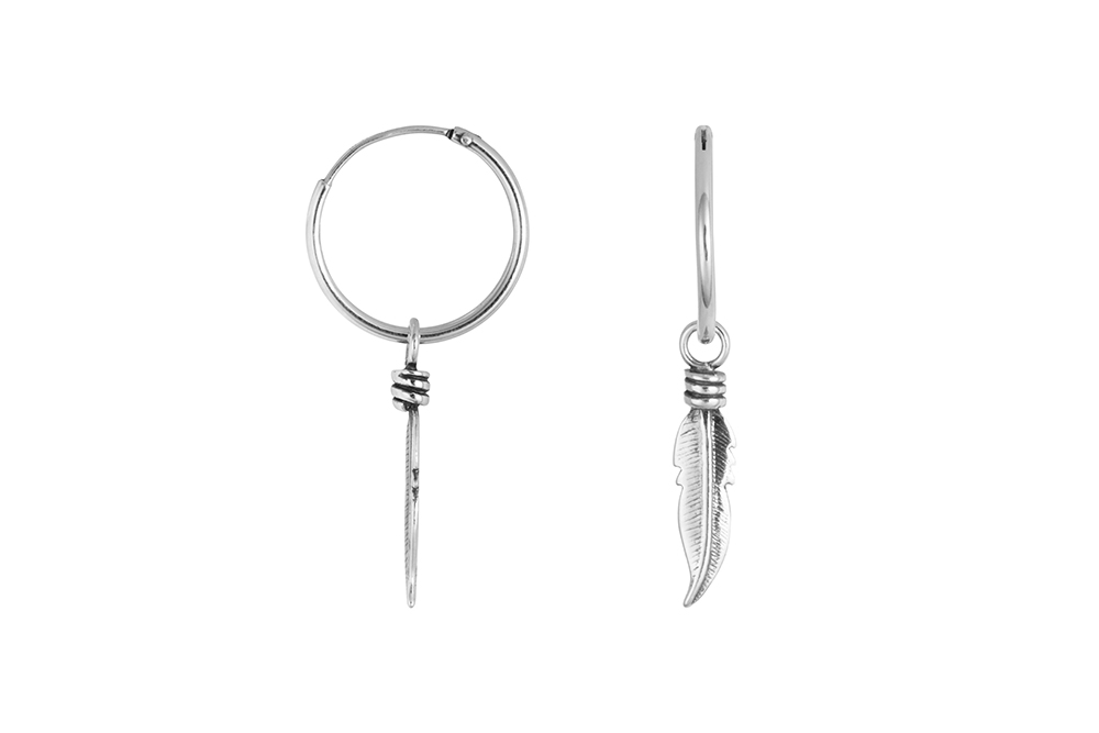 Pendiente plata 925 aro con pluma 19x4mm