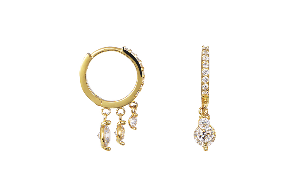 [18547EZBLDO] Sterling silver hoop with three cubic zirconia in different sizes earring