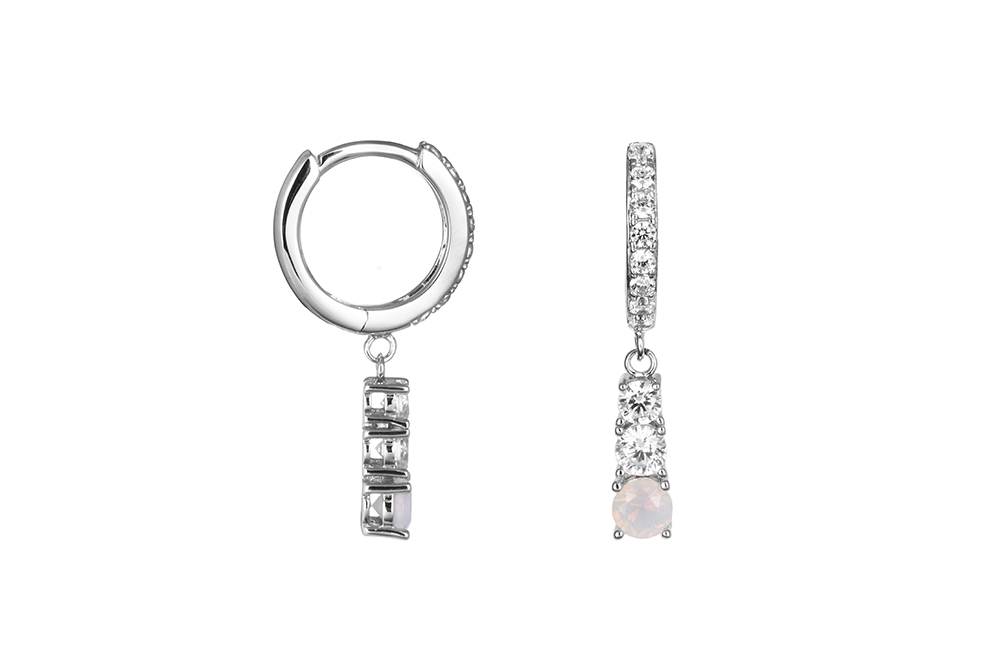 Sterling silver 2 zirocnias & white opal 23x2mm hoop earring