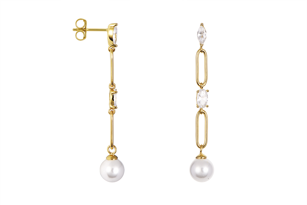 [18574EPBLDO] Sterling silver link chain with cubic zirconia and pearl earring