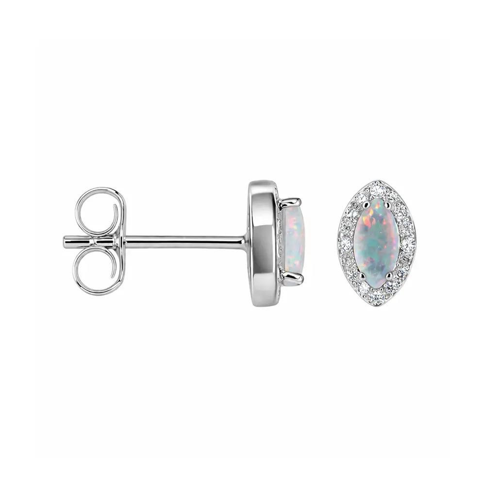 [18602EGWORD] Sterling silver white opal oval glass & white zirconia earring
