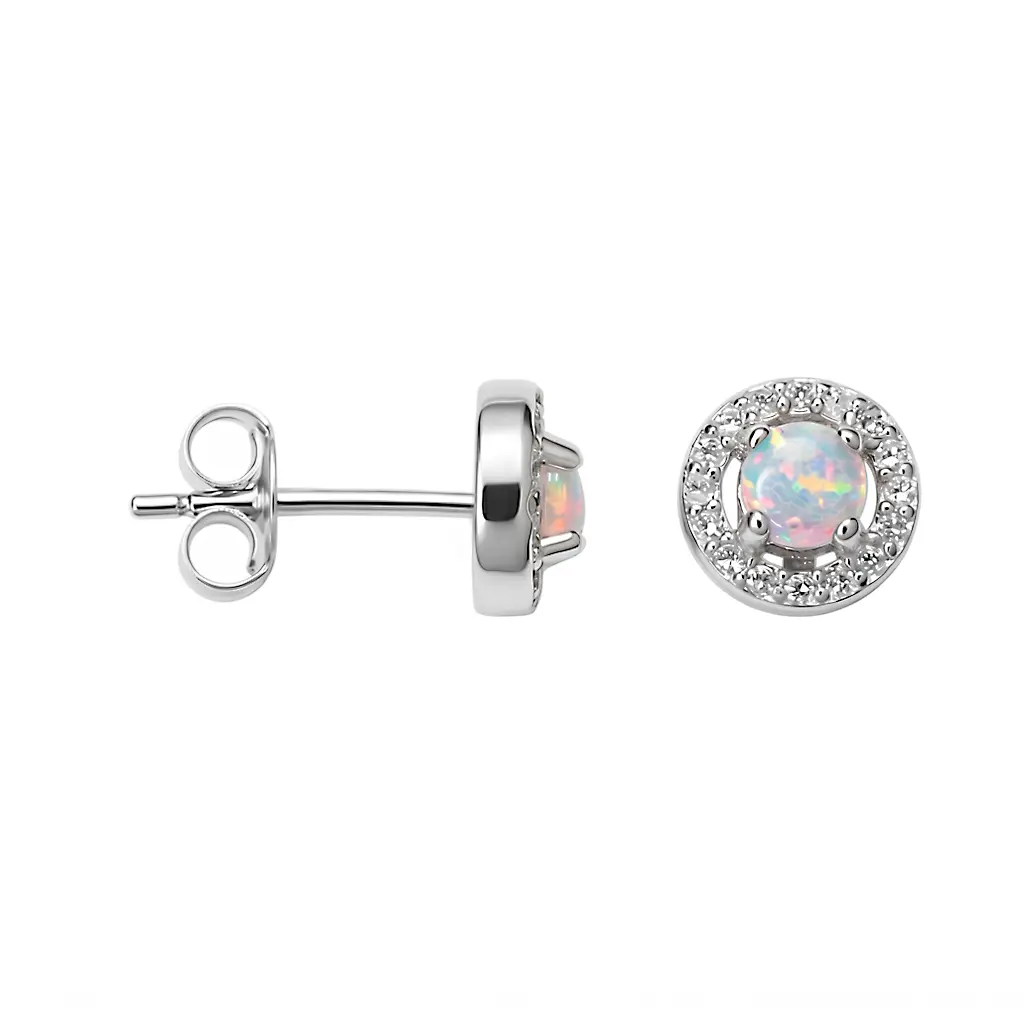 Sterling silver 4mm round white opal glass & white zirconia earring