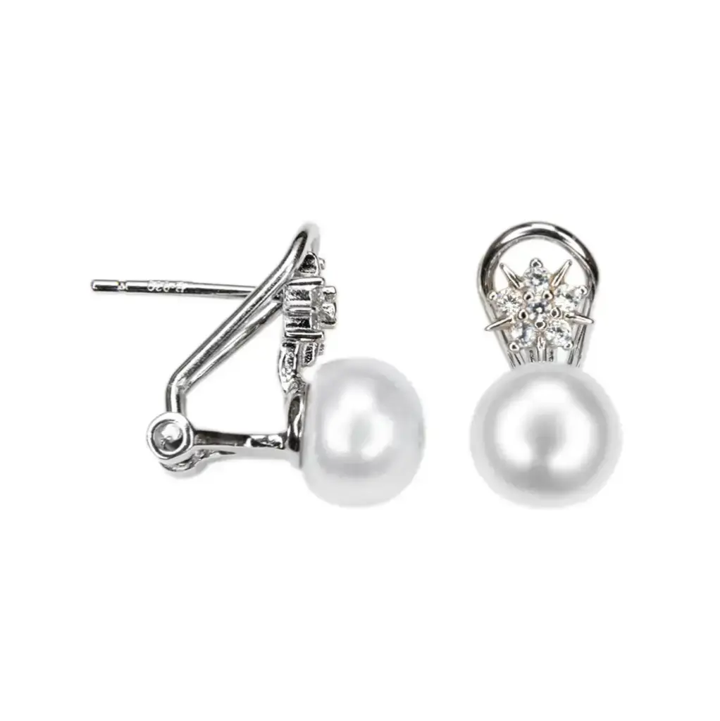 Sterling silver zirconia & 8mm pearl toi et moi style earring