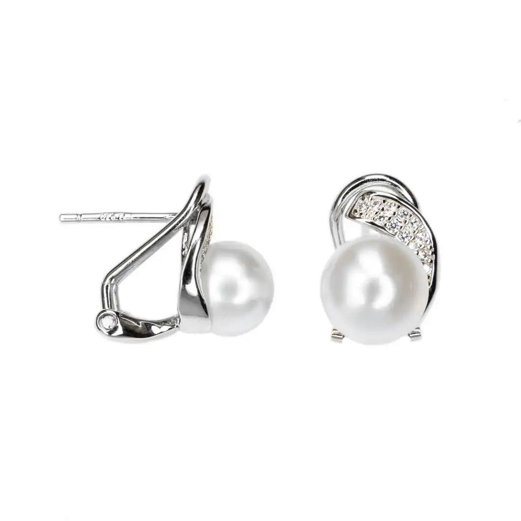 [18611EPBLRD] Sterling silver toi et moi style zirconia & 8mm pearl earring