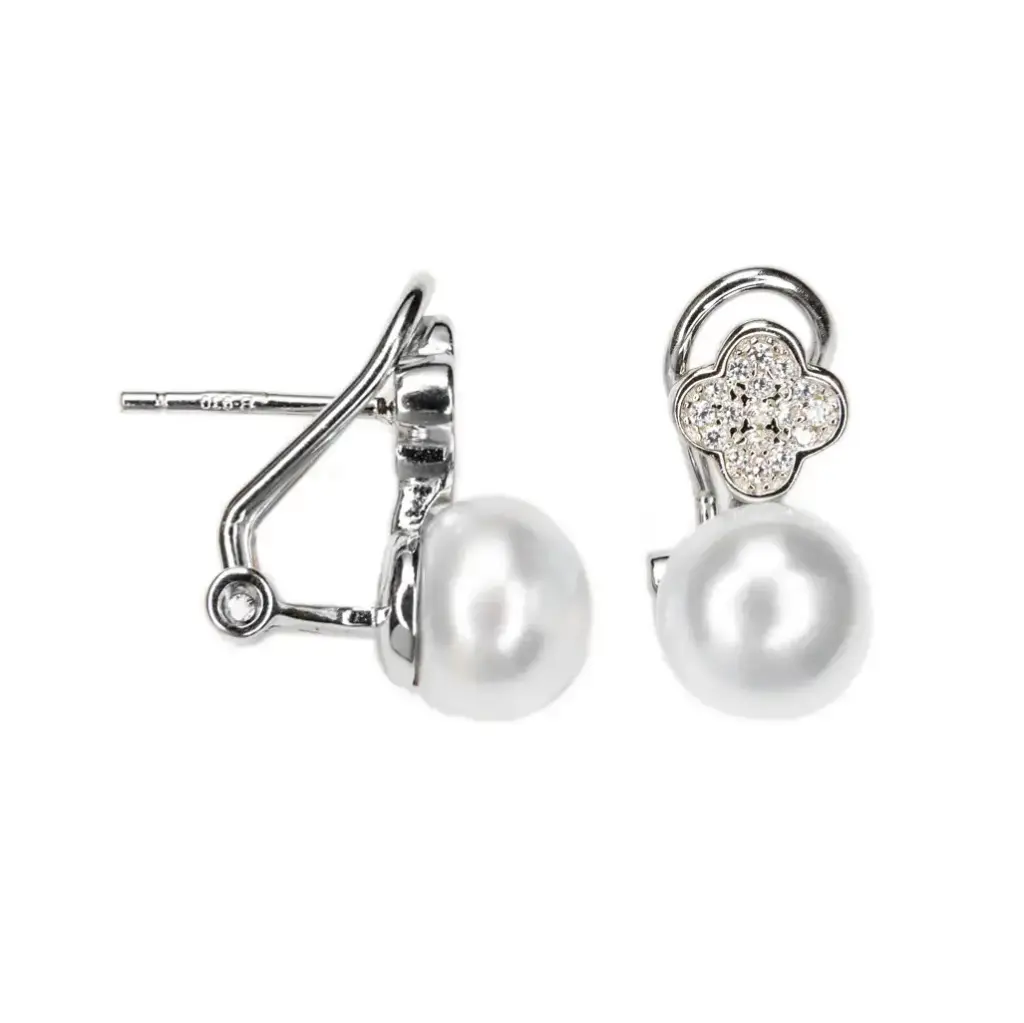 Sterling silver flower zirconia & 9mm pearl toi et moi style earring