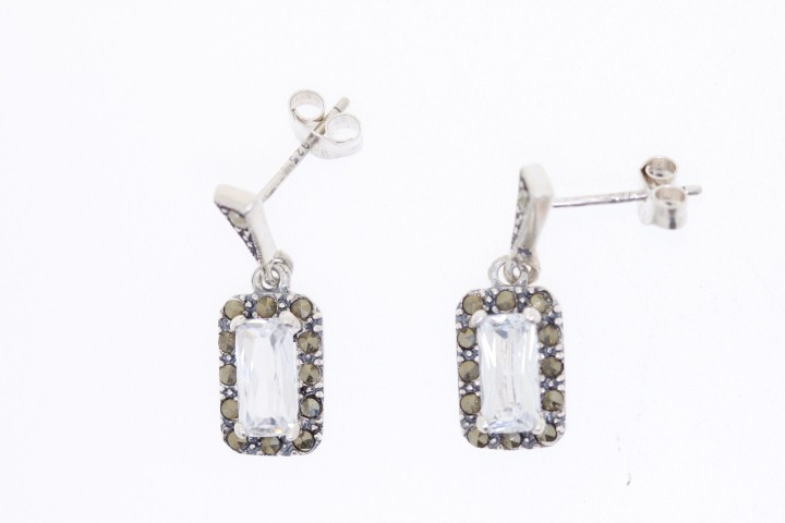 [04614000CZBL] Pendiente plata lisa marquesita cz rectangular  (Blanca)