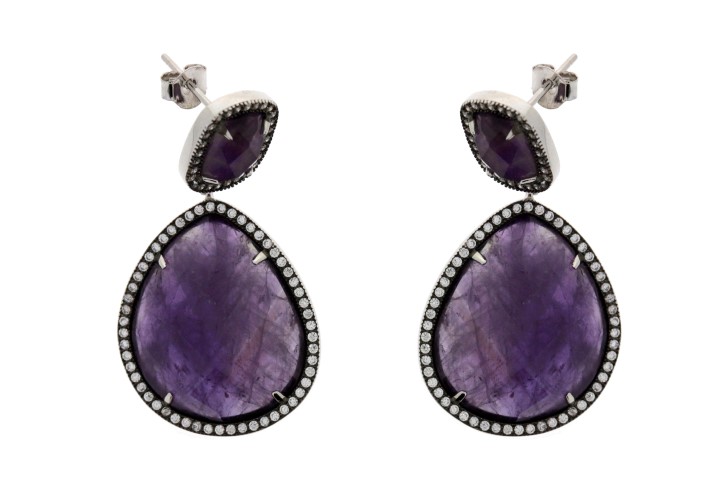 [080650001RAM] Pendiente plata 925 piedra semi preciosa & cz  (Amatista, Rodio)