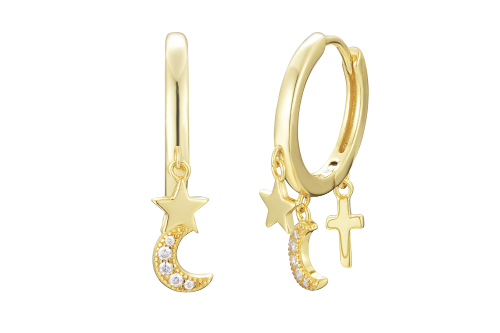 [138420002ZBL] Silver 925 moon star & cross cz earring (Gold plated)