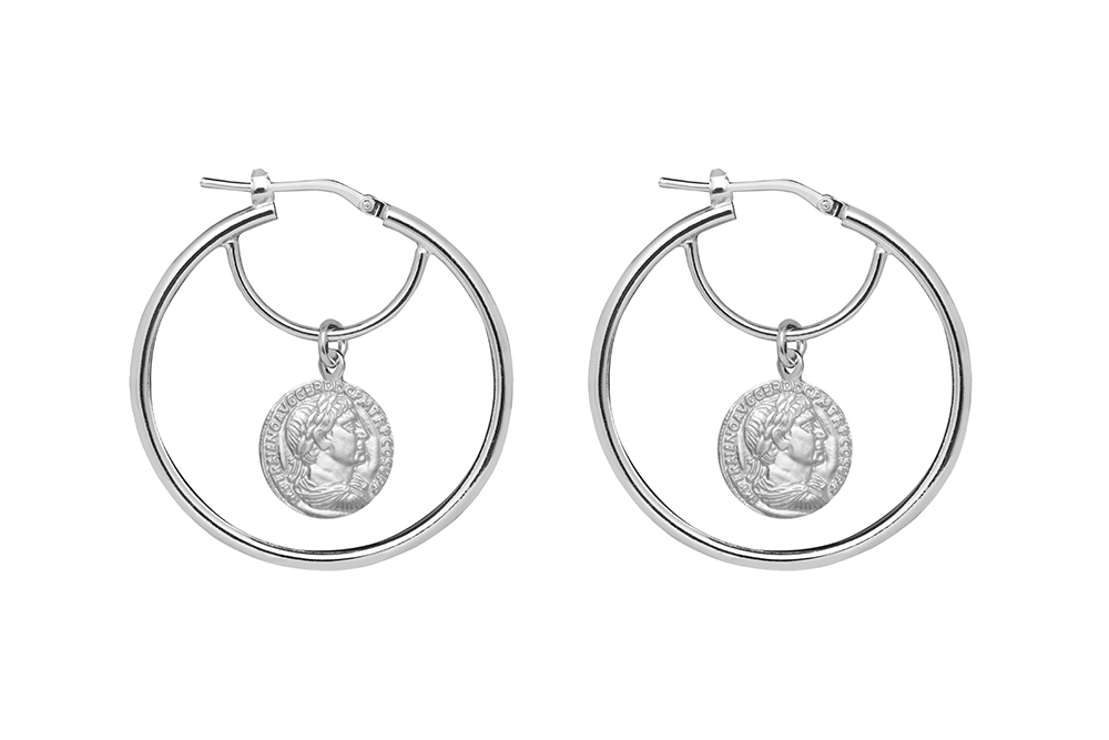 Sterling silver hoop earrings with coin charms