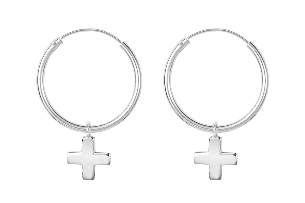 [15471EE200PL] Sterling silver  cross earring hoop (Sterling silver)