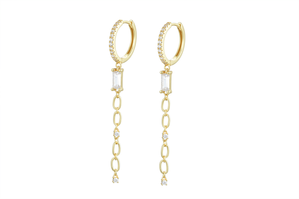 [15521EZBLDO] Sterling silver baguette zirconia 8x4mm & chain earring (White, Gold plated)