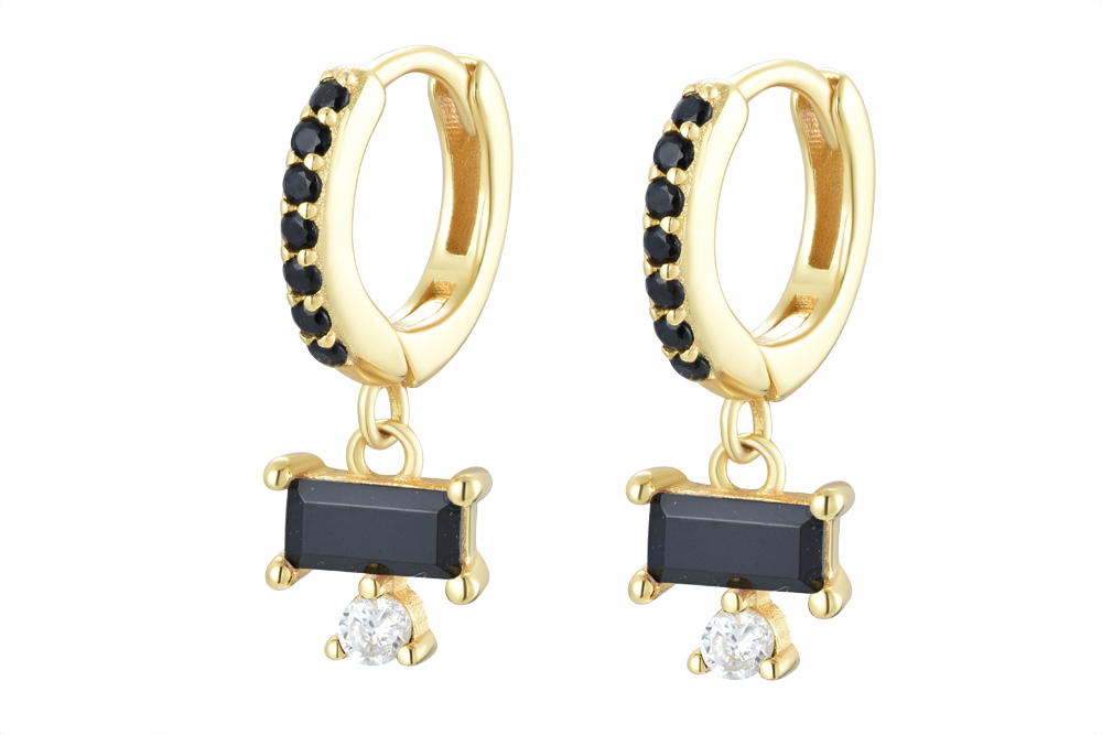[15540EZNEDO] Pendiente plata 925 aro con zirconitas negras y baguette (Negro, Oro)