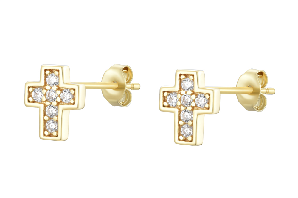 [15703EZBLDO] Sterling silver zirconia cross earring (White, Gold plated)